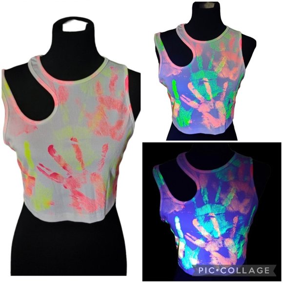 Shein womens upcycled OOAK custom crop top rave festival neon white sz L 8-10 - Picture 1 of 4
